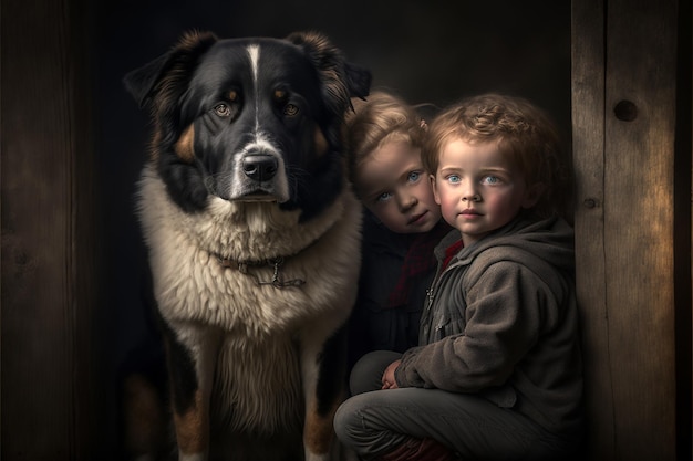 Un garçon et un chien avec un fond noir