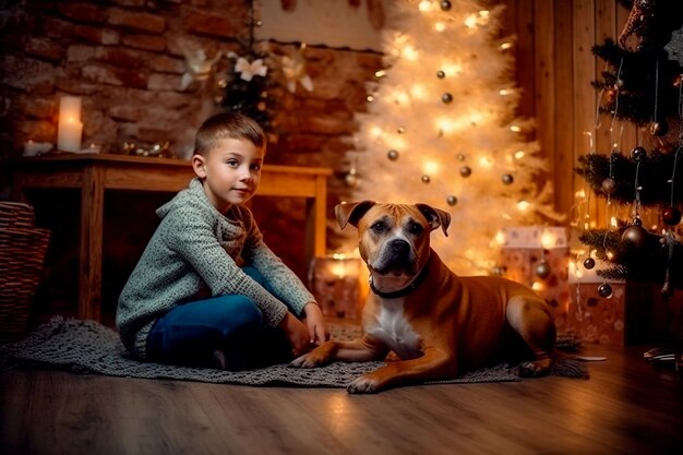 un garçon avec un chien près de l'arbre de Noël