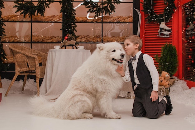 Garçon avec chien Samoyède. Notion de nouvel an