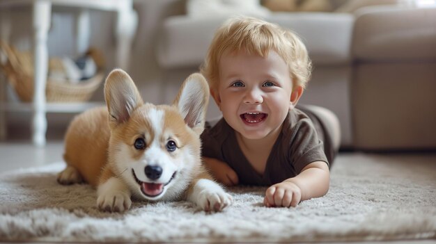 un garçon et un chien sont allongés sur le sol et souriant