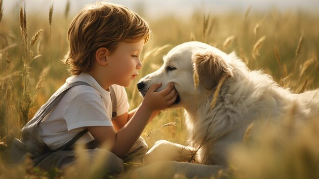 Un garçon et un chien sont assis sur l'herbe dans les bras l'un de l'autre IA générative