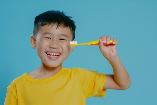 Un garçon chinois avec une brosse à dents à la main sur un fond bleu clair