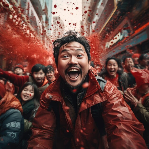un garçon chinois heureux et souriant portant des vêtements traditionnels rouges dans la rue