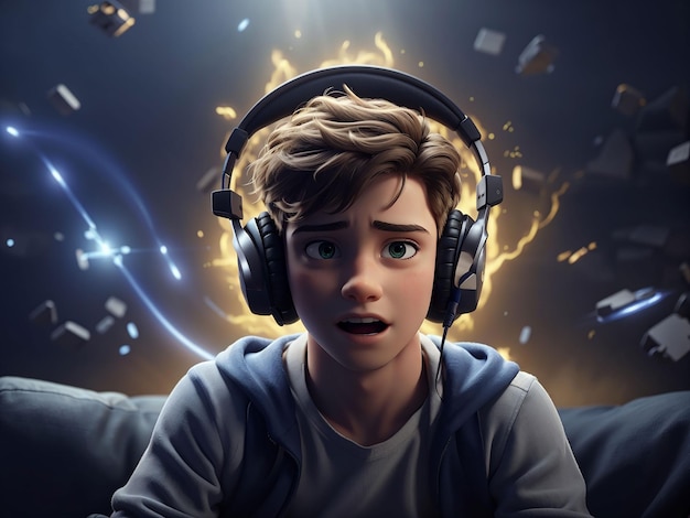 Un garçon choqué joue avec le concept de jeux vidéo ovni en ligne de technologie et de divertissement