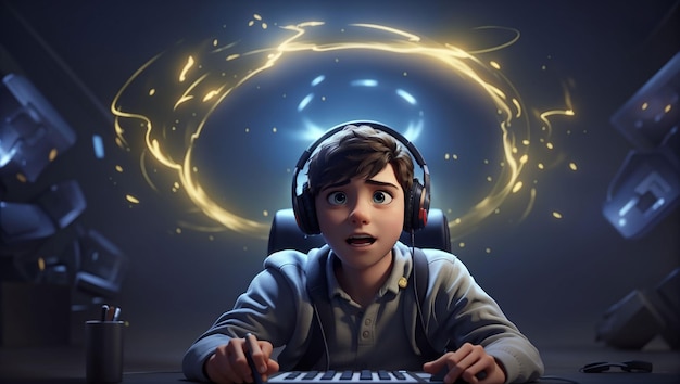 Un garçon choqué joue avec le concept de jeux vidéo ovni en ligne de technologie et de divertissement