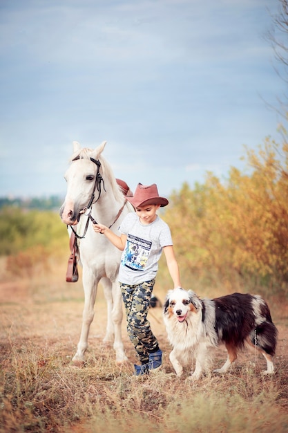 Un garçon coiffé d'un chapeau de cow-boy traverse le champ et conduit un cheval et un chien de berger. La vie à la ferme, la communication d'un enfant avec les animaux