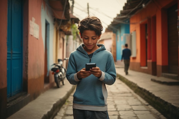 Garçon colombien utilisant un smartphone dans une rue colombienne AI généré