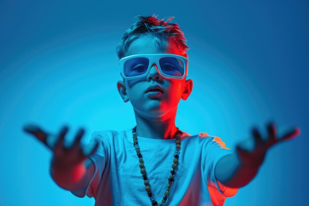 Un garçon confiant avec des perles et des lunettes 3D dans un studio au néon