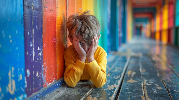 garçon contrarié couvert son visage avec les mains debout seul dans le couloir de l'école difficultés d'apprentissage émotions intimidation à l'école