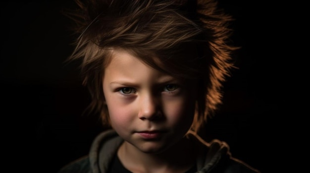 Un garçon avec une coupe de cheveux et un sweat à capuche regarde la caméra.