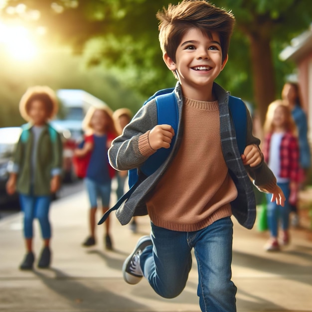 Le garçon court pour retourner à l'école.