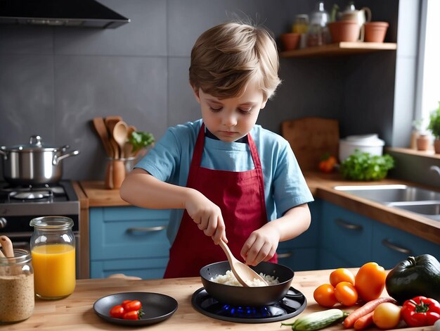 Photo un garçon cuisine dans la cuisine.