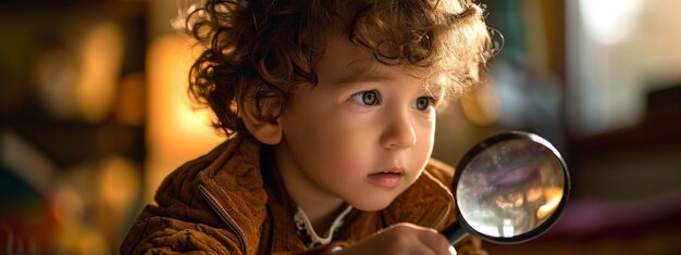 Un garçon curieux regarde à travers une loupe.