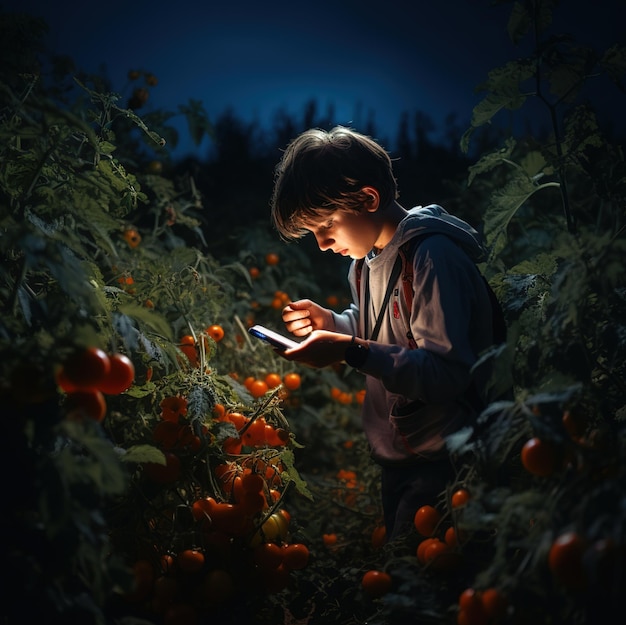 un garçon dans un champ de tomates avec un téléphone portable.