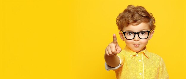 Photo un garçon dans une chemise jaune pointant vers l'avant