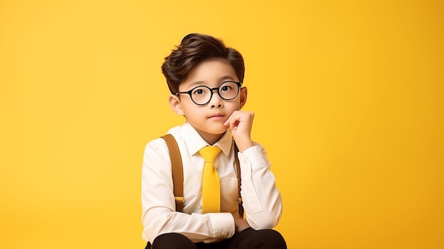 Photo un garçon dans une cravate jaune et des lunettes est assis sur un fond jaune