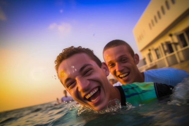 Un garçon dans l'eau avec son ami