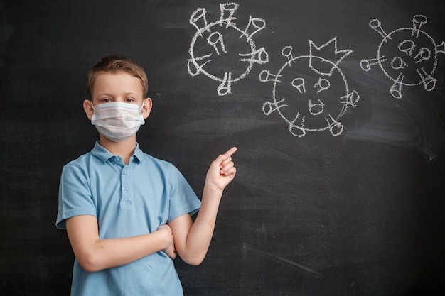 Un garçon dans un masque médical montre un dessin à la craie du coronavirus sur un tableau noir. le concept d'une pandémie de covid-19