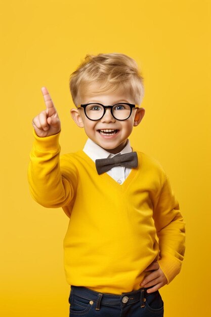 Photo un garçon dans un pull jaune et des lunettes pointe vers la caméra