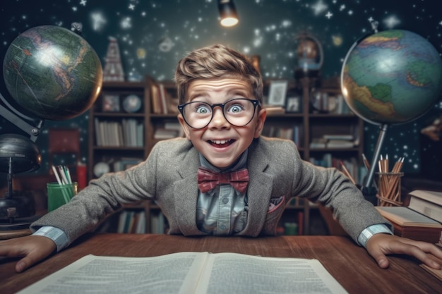 Un garçon dans une salle de classe avec un livre sur la table et un globe au mur.