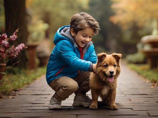 un garçon dans une veste bleue caressant un chien sur une passerelle en bois