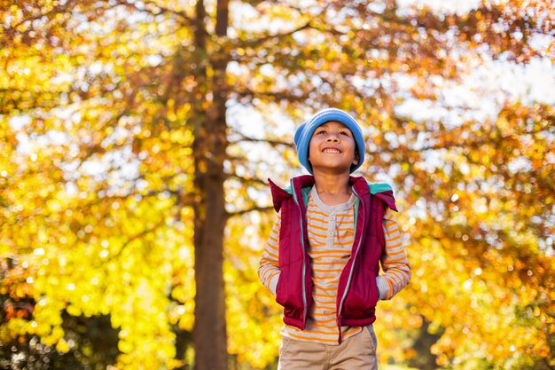 Garçon debout contre les arbres d'automne au parc