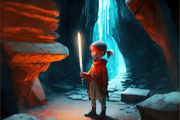 Garçon debout dans la grotte Enfant avec une lance debout dans une grotte pleine de nombreux blocs de pierre futuristes peinture d'illustration de style d'art numérique