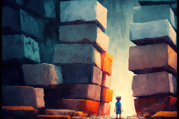 Garçon debout dans la grotte Enfant avec une lance debout dans une grotte pleine de nombreux blocs de pierre futuristes peinture d'illustration de style d'art numérique