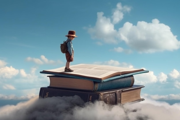 Un garçon debout sur une pile de livres avec le ciel en arrière-plan