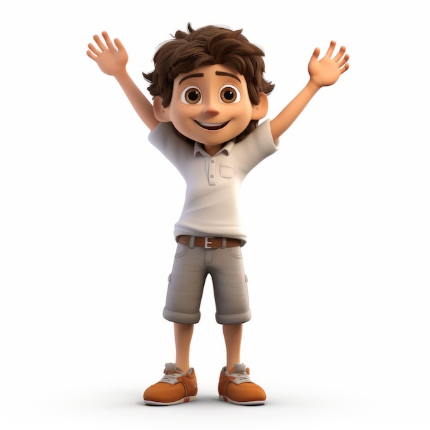 Un garçon de dessin animé 3D photoréaliste avec les bras levés