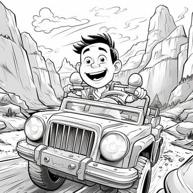 garçon de dessin animé conduisant une jeep à travers un paysage de montagnes rocheuses ai générative
