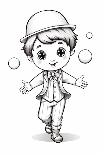 un garçon de dessin animé en costume et chapeau jongle avec des bulles génératives