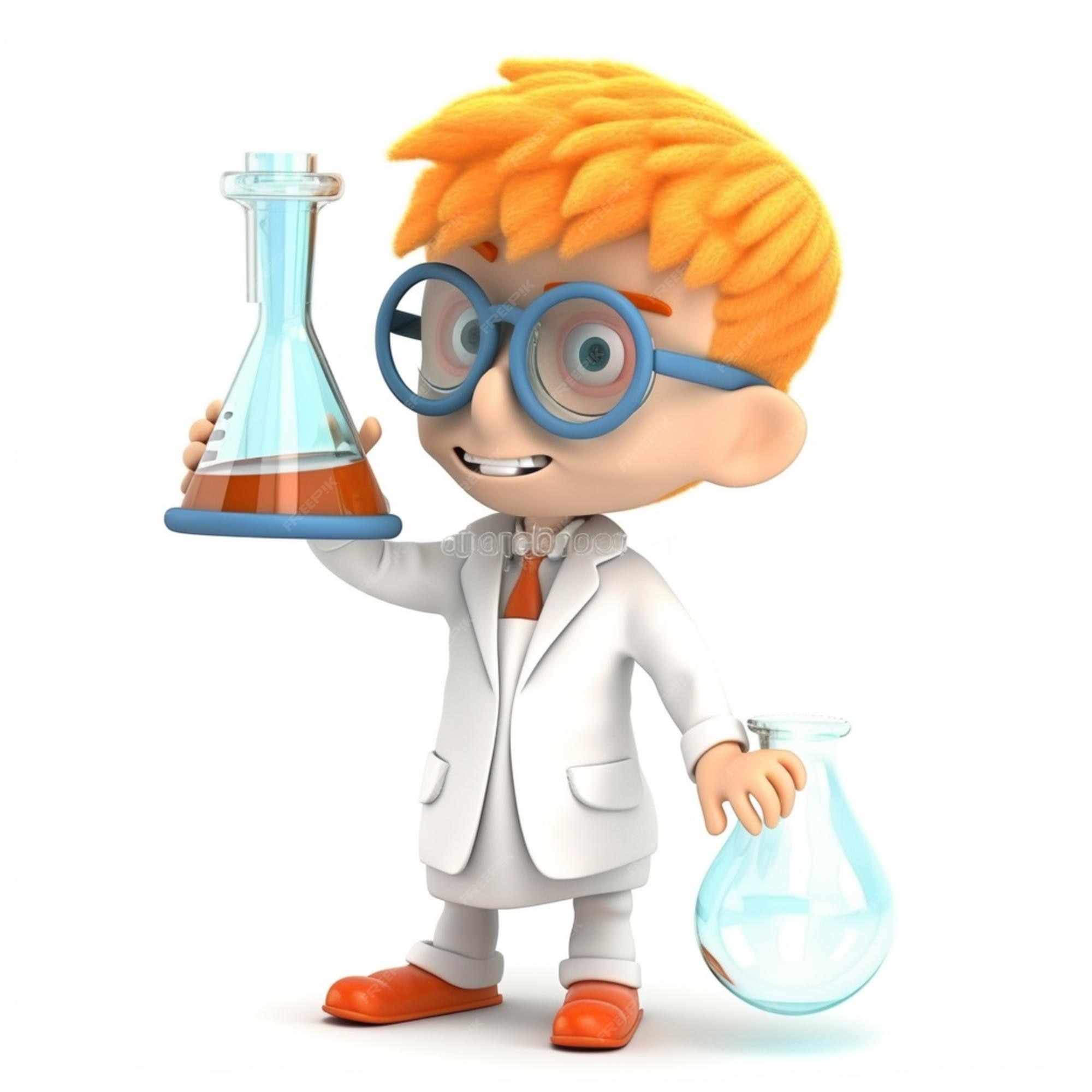 dessin animé garçon scientifique tenant une fiole en laboratoire