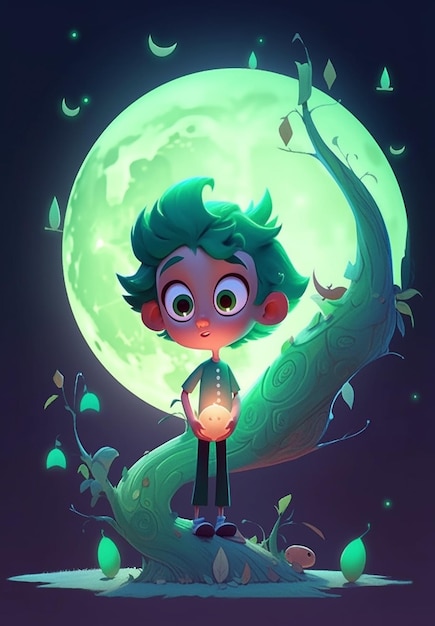 un garçon de dessin animé debout sur une branche d'arbre avec une boule lumineuse dans sa main ai générative