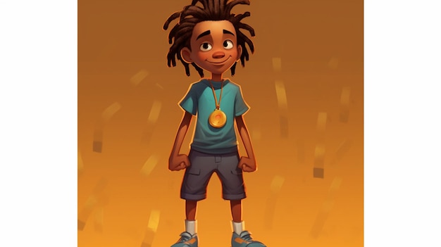 garçon de dessin animé avec des dreadlocks et une médaille debout devant un fond jaune