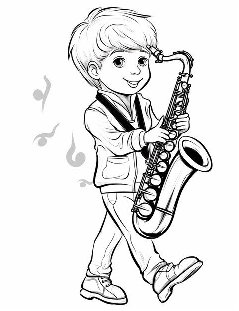 un garçon de dessin animé jouant du saxophone avec des notes de musique en arrière-plan IA générative