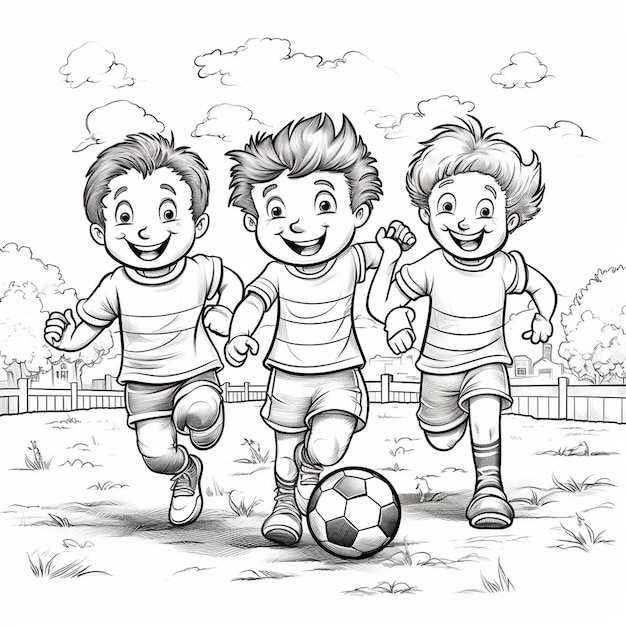 Un garçon de dessin animé joue au football avec un ballon