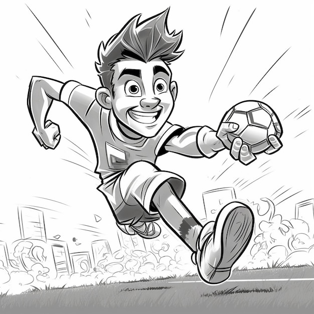 Photo un garçon de dessin animé joue au football avec un ballon