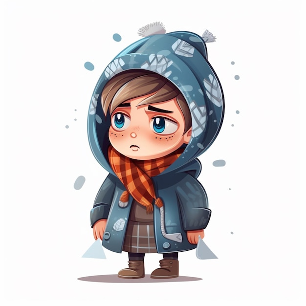 garçon de dessin animé en manteau d'hiver avec écharpe et chapeau debout dans la neige ai générative