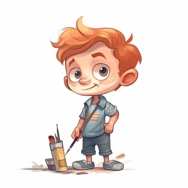 un garçon de dessin animé avec un pinceau et de la peinture dans sa main ai générative