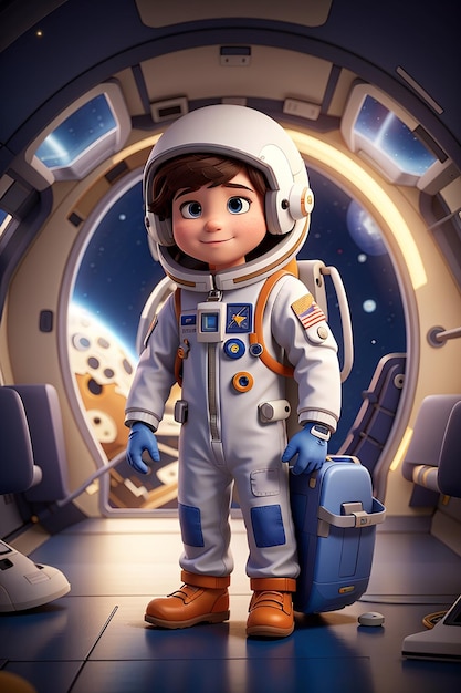 Un garçon de dessin animé portant un costume d'astronaute dans un vaisseau spatial