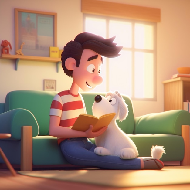 Un garçon de dessin animé qui lit un livre avec un chien assis sur le sol.