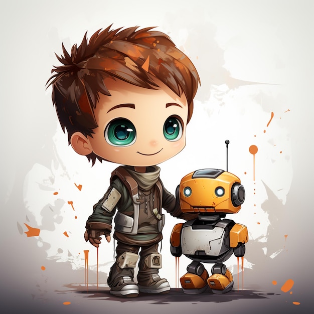 un garçon de dessin animé avec un robot dans les mains