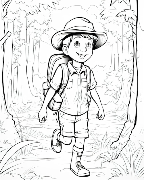 Photo un garçon de dessin animé avec un sac à dos et un chapeau qui se promène dans la forêt.