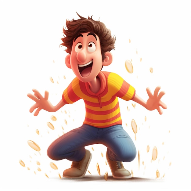 Un garçon de dessin animé sautant en l'air avec les bras tendus.