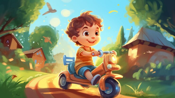 Photo un garçon de dessin animé sur un scooter sur une route de terre dans un village génératif ai