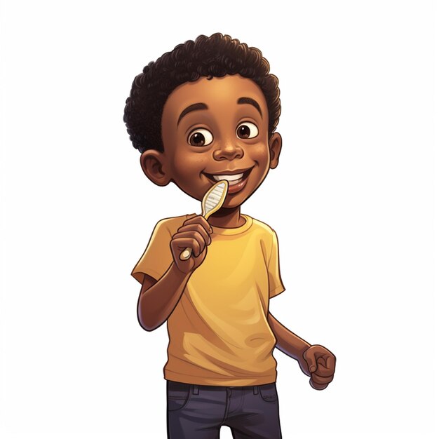 Photo un garçon de dessin animé se brosse les dents avec une brosse à dents.