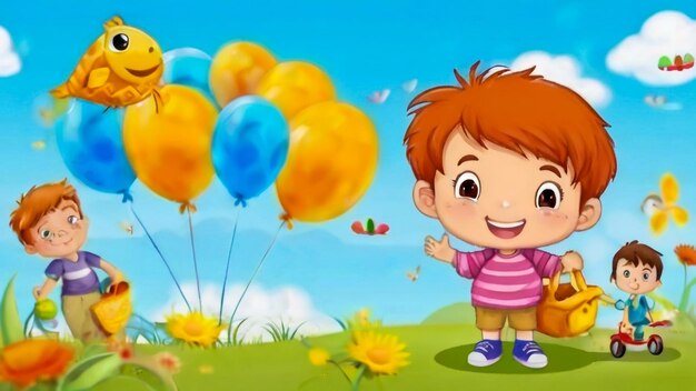 un garçon de dessin animé se tient devant des ballons avec une fille dans une chemise rayée