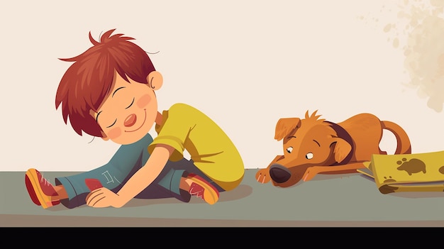 Un garçon de dessin animé et son chien