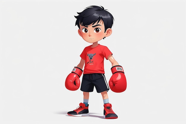 Photo un garçon de dessin animé en tenue de boxe avec une chemise rouge et un short noir.